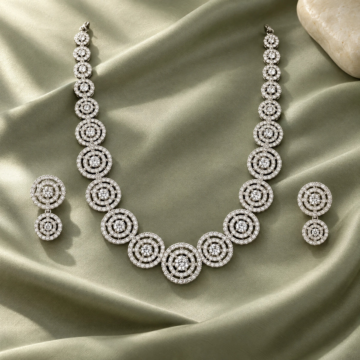 Concentric Circle Crystal Necklace Set by Oraki Jewels, styled studio view
