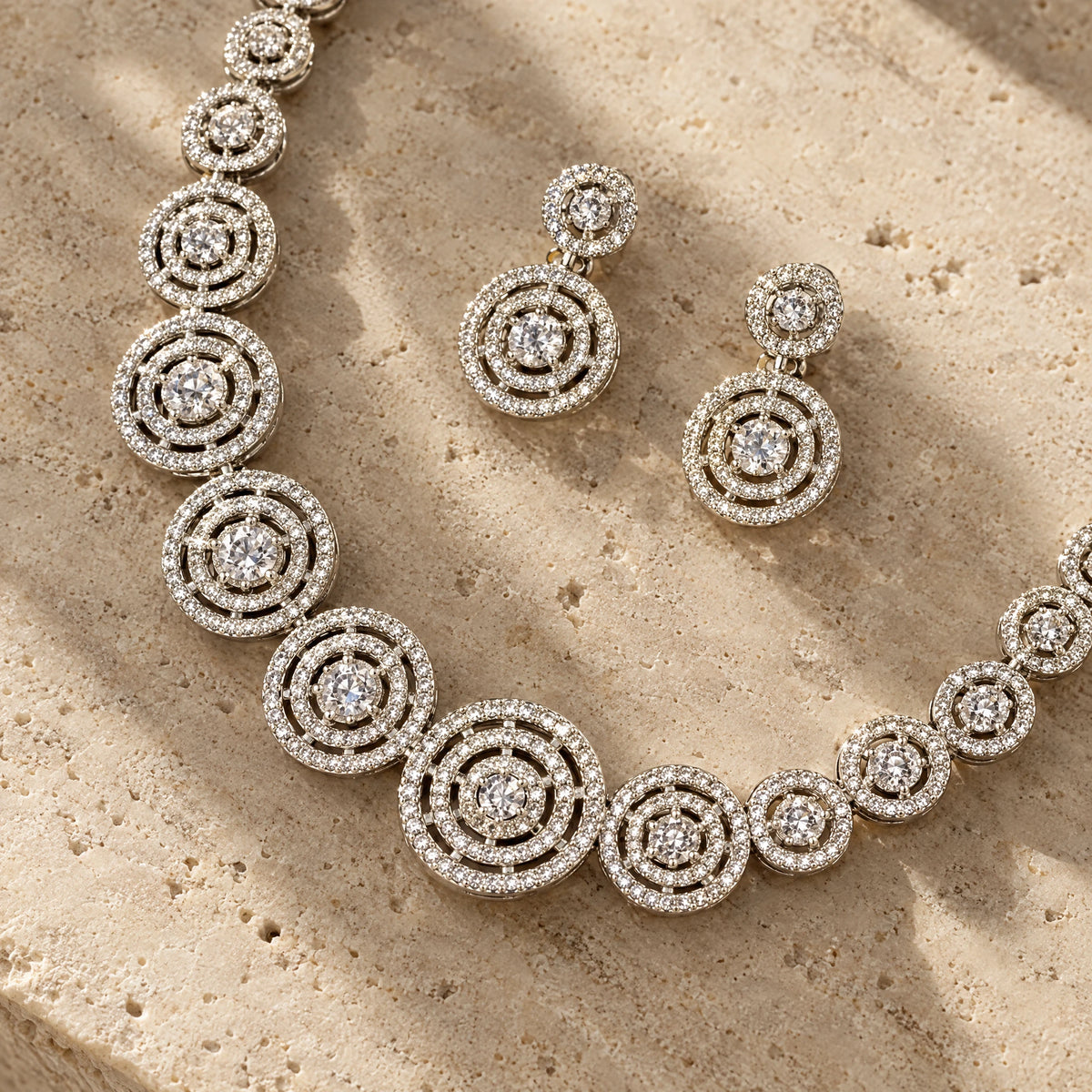 Concentric Circle Crystal Necklace Set by Oraki Jewels, detail close-up