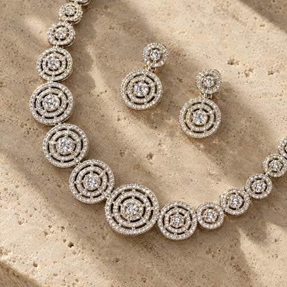 Concentric Circle Crystal Necklace Set by Oraki Jewels, detail close-up