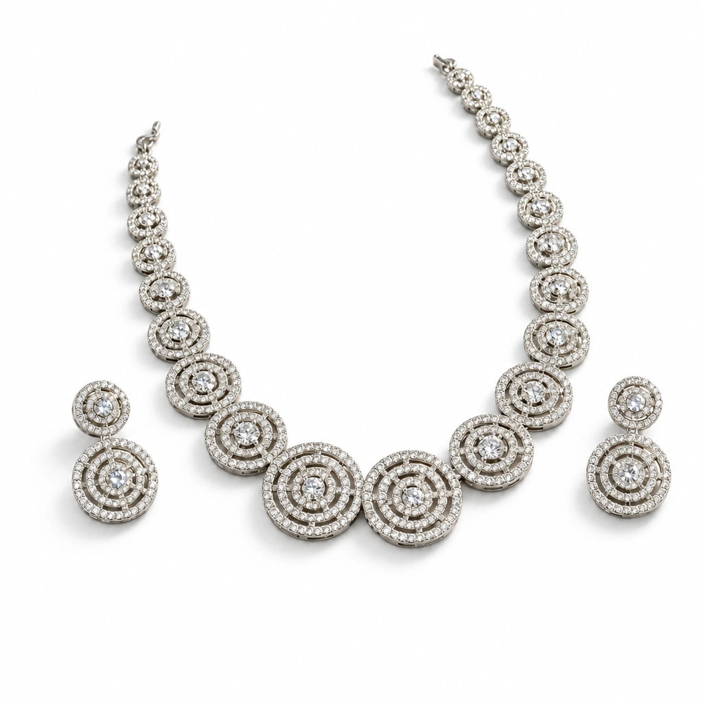 Concentric Circle Crystal Necklace Set by Oraki Jewels, angled view on white