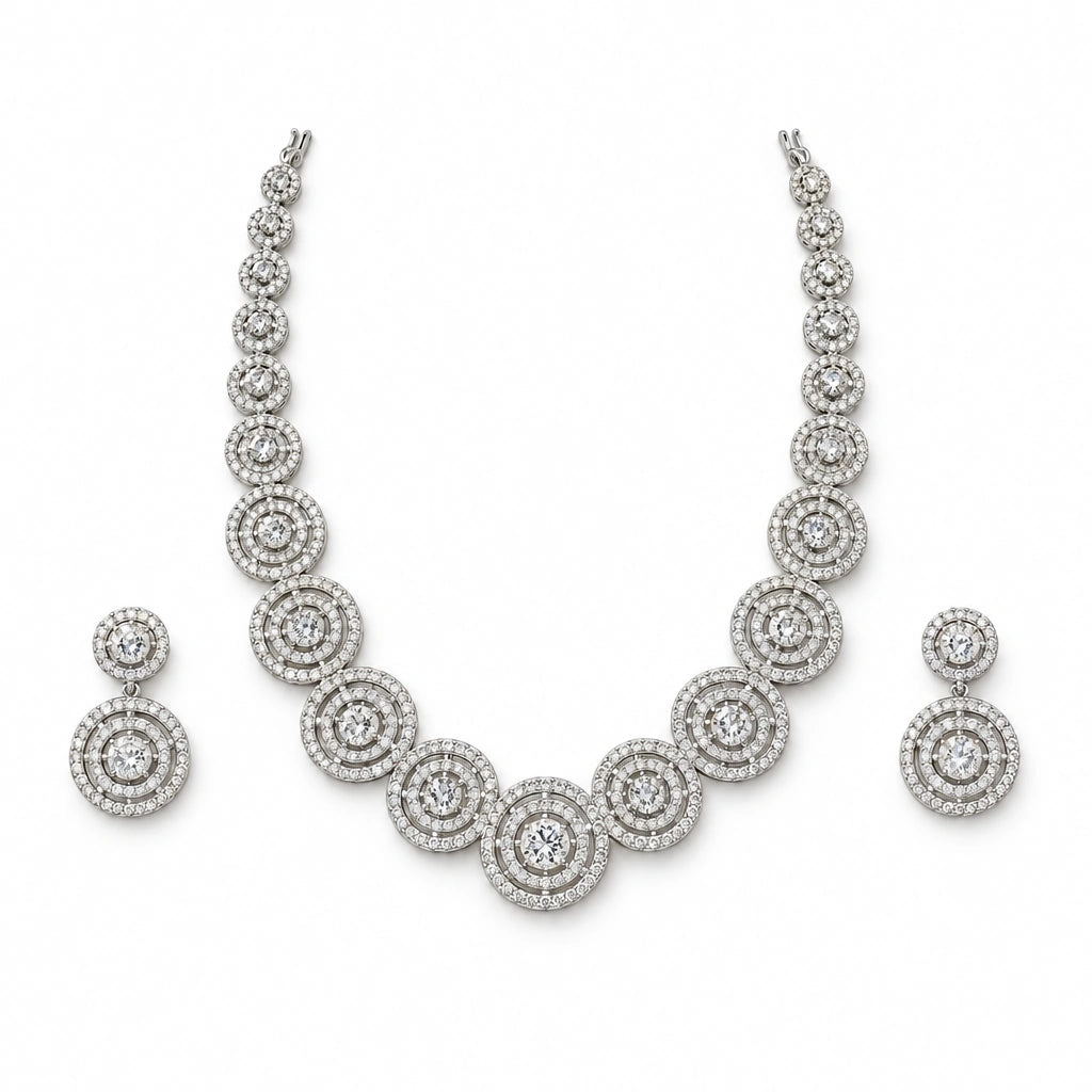 Concentric Circle Crystal Necklace Set by Oraki Jewels, front view on white