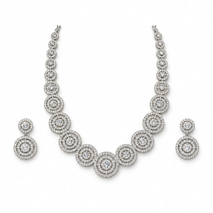 Concentric Circle Crystal Necklace Set by Oraki Jewels, front view on white