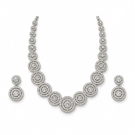 Concentric Circle Crystal Necklace Set by Oraki Jewels, front view on white