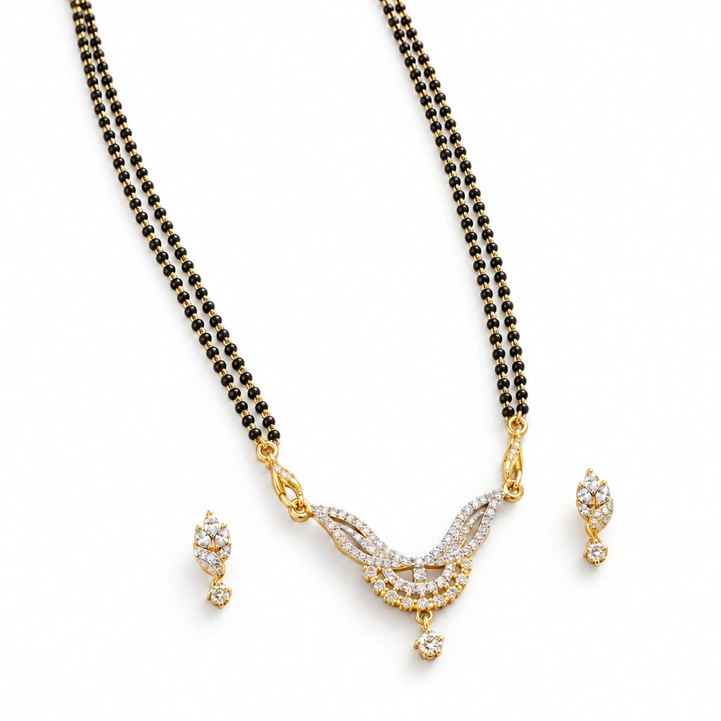 Elara Leaf Black Bead Mangalsutra Set with Earrings by Oraki Jewels, angled view on white