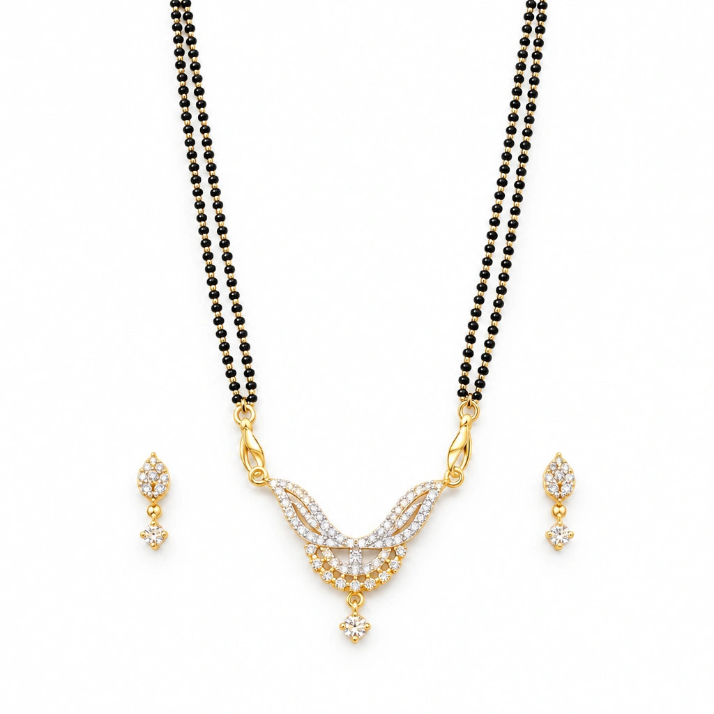 Elara Leaf Black Bead Mangalsutra Set with Earrings by Oraki Jewels, front view on white
