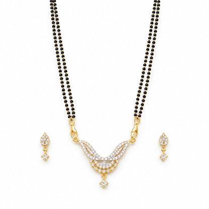 Elara Leaf Black Bead Mangalsutra Set with Earrings by Oraki Jewels, front view on white