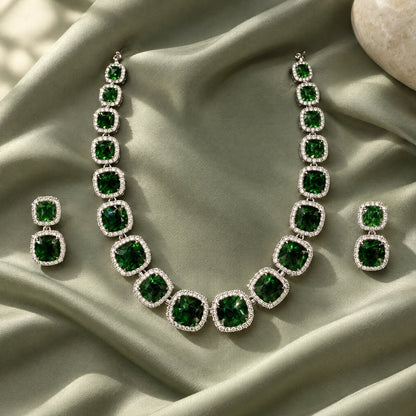 Emerald Green Cushion Tennis Necklace Set by Oraki Jewels, styled studio view