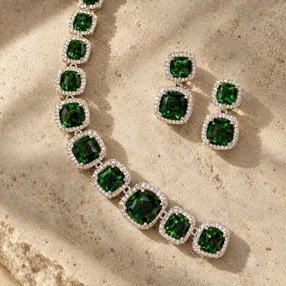 Emerald Green Cushion Tennis Necklace Set by Oraki Jewels, detail close-up