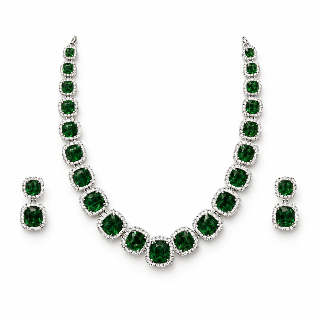 Emerald Green Cushion Tennis Necklace Set by Oraki Jewels, front view on white