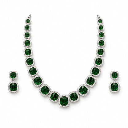 Emerald Green Cushion Tennis Necklace Set by Oraki Jewels, front view on white