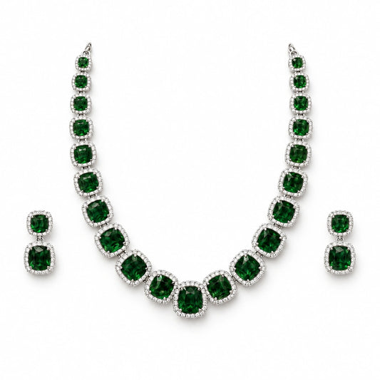 Emerald Green Cushion Tennis Necklace Set by Oraki Jewels, front view on white