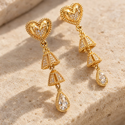 Filigree Heart Teardrop Crystal Earrings by Oraki Jewels, detail close-up
