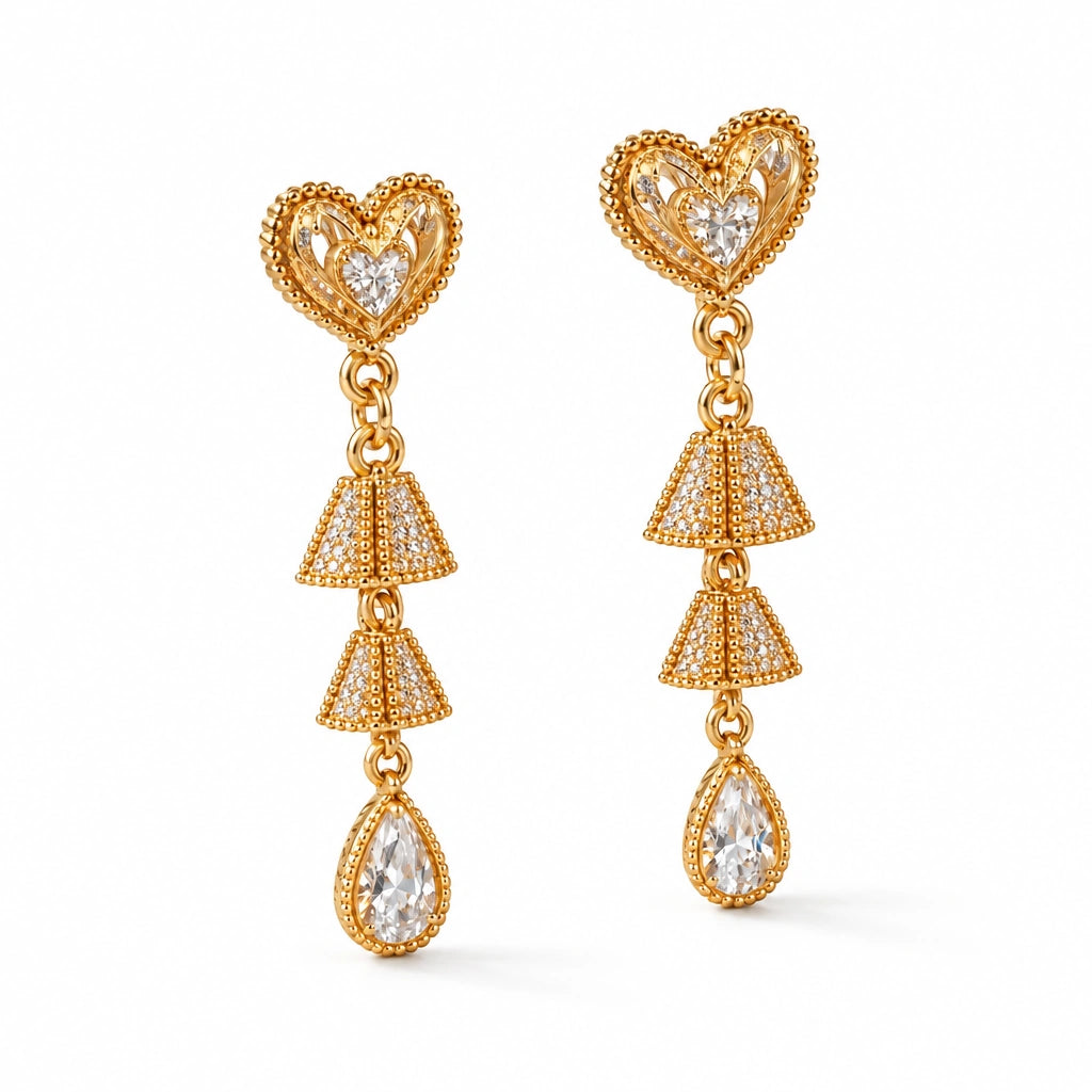 Filigree Heart Teardrop Crystal Earrings by Oraki Jewels, angled view on white