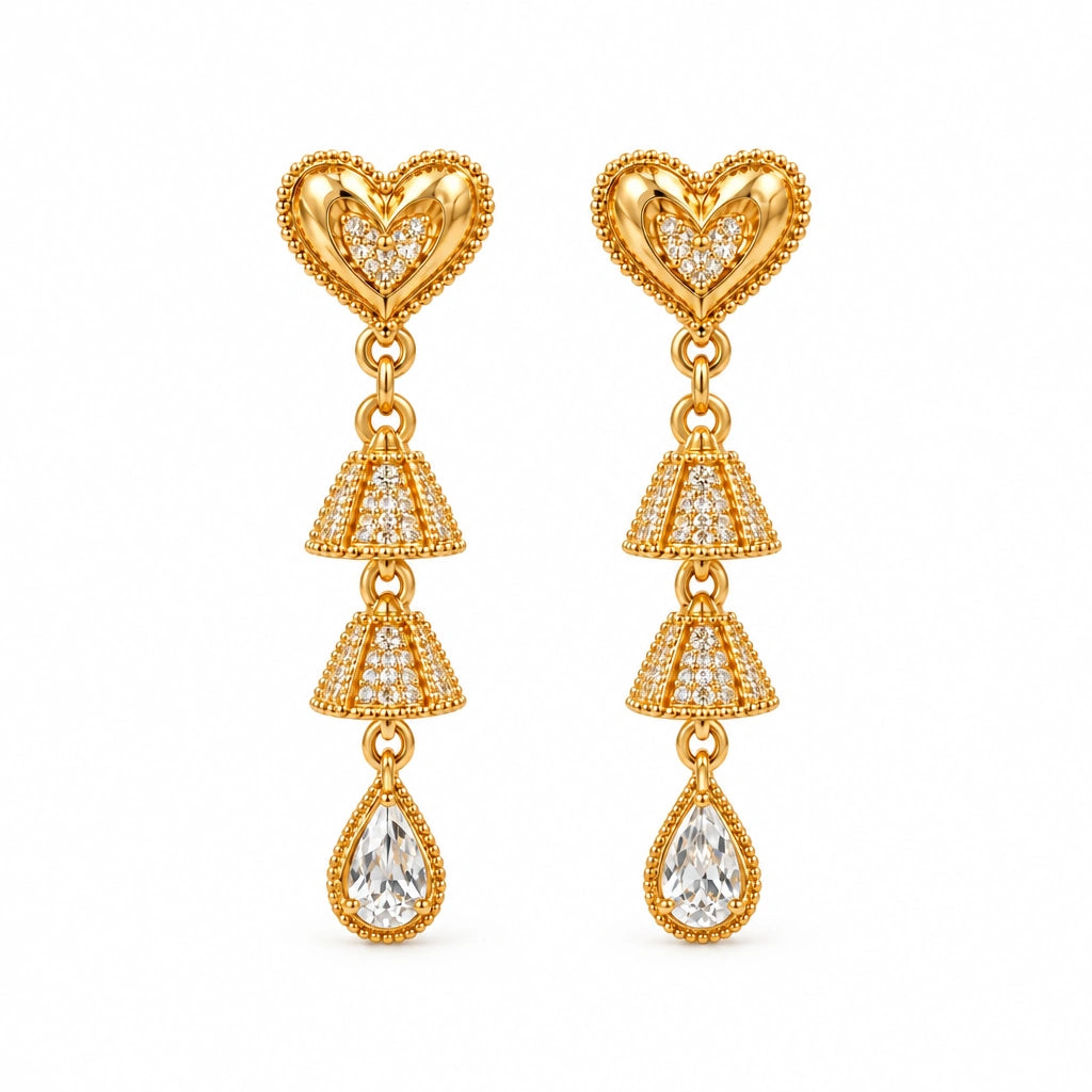 Filigree Heart Teardrop Crystal Earrings by Oraki Jewels, front view on white