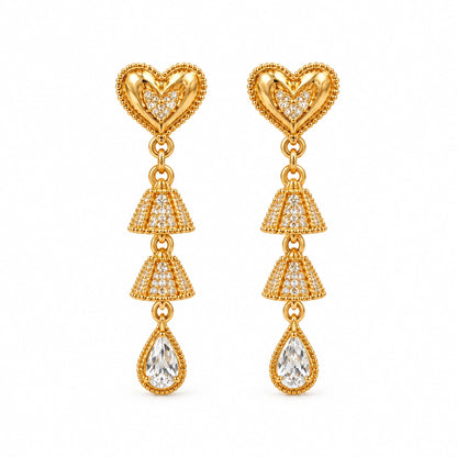 Filigree Heart Teardrop Crystal Earrings by Oraki Jewels, front view on white