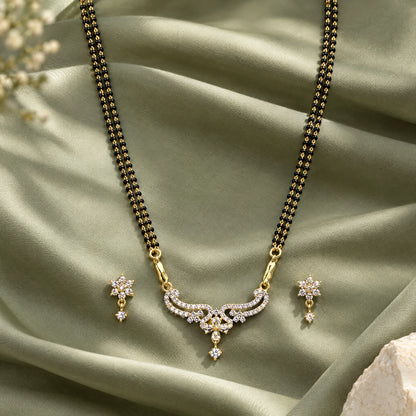 Flora Grace Black Bead Mangalsutra Set with Earrings by Oraki Jewels, styled studio view