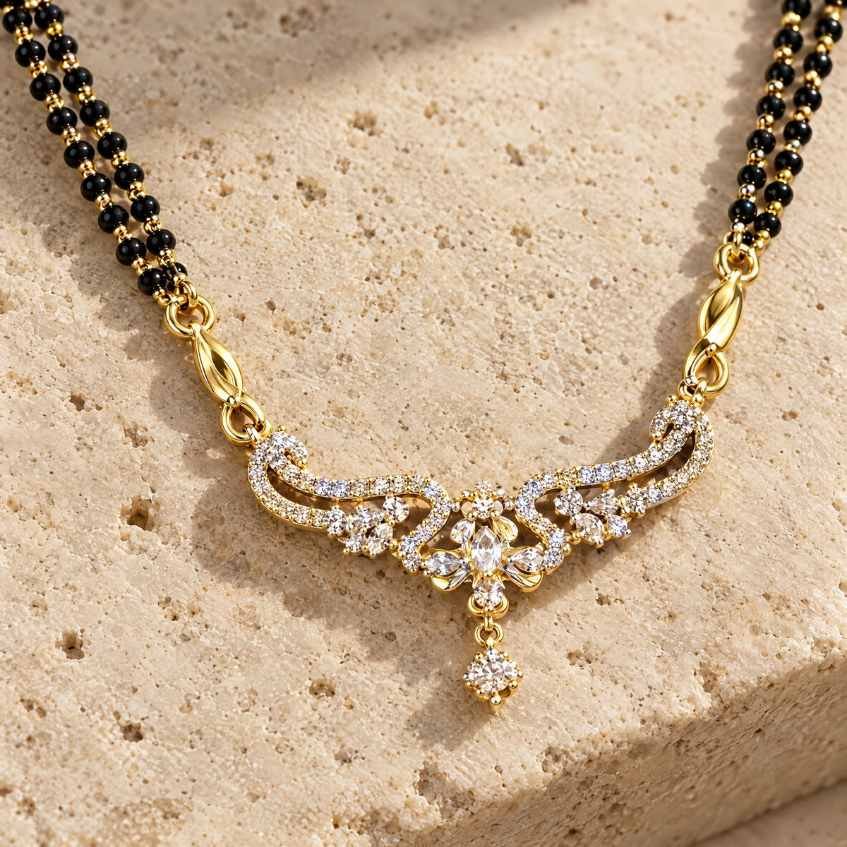 Flora Grace Black Bead Mangalsutra Set with Earrings by Oraki Jewels, detail close-up