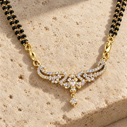 Flora Grace Black Bead Mangalsutra Set with Earrings by Oraki Jewels, detail close-up