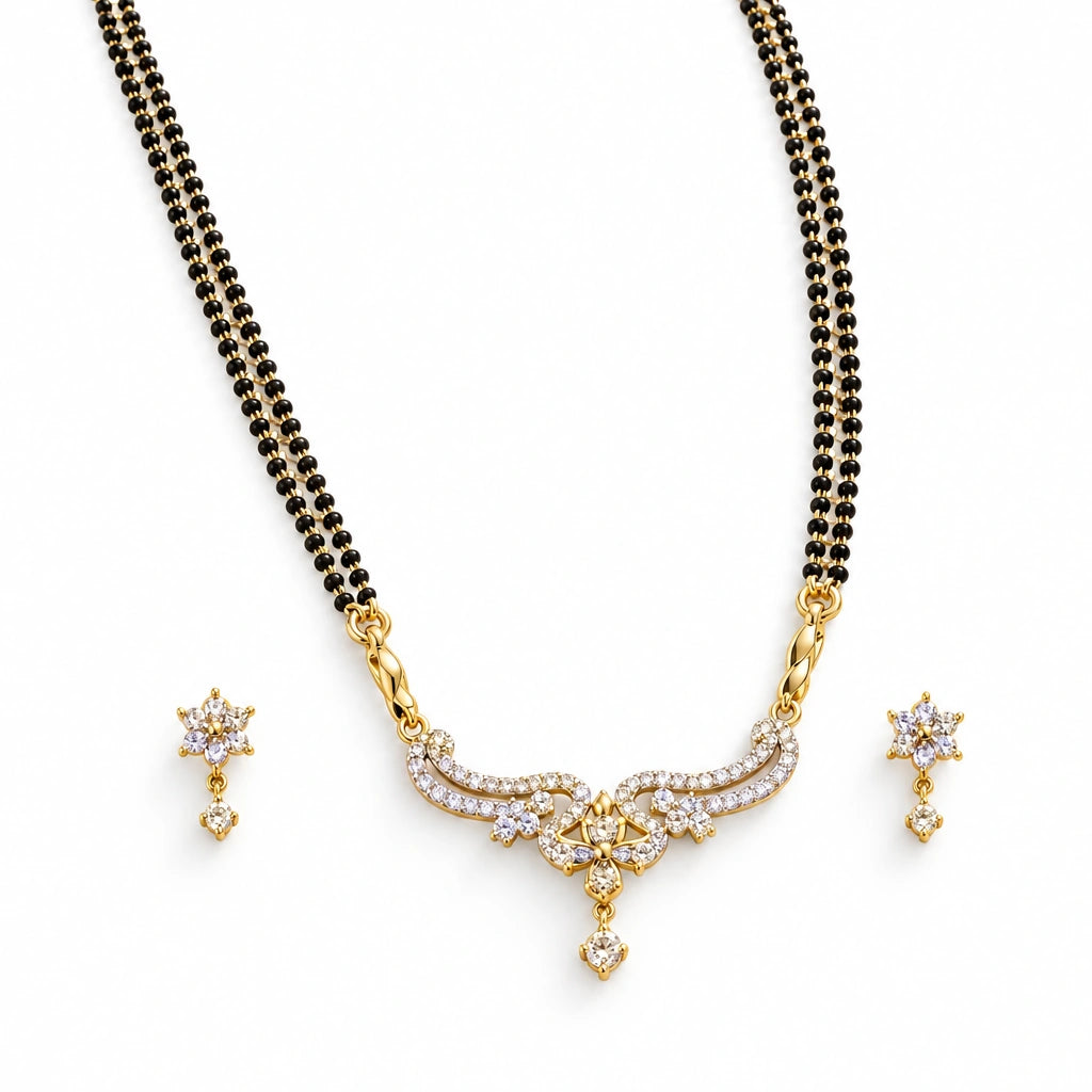 Flora Grace Black Bead Mangalsutra Set with Earrings by Oraki Jewels, angled view on white