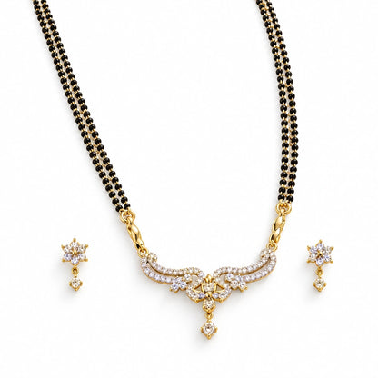 Flora Grace Black Bead Mangalsutra Set with Earrings by Oraki Jewels, angled view on white
