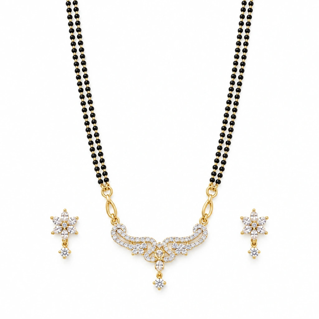 Flora Grace Black Bead Mangalsutra Set with Earrings by Oraki Jewels, front view on white