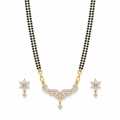 Flora Grace Black Bead Mangalsutra Set with Earrings by Oraki Jewels, front view on white