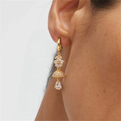 Floral Jhumka Crystal Drop Earrings by Oraki Jewels, shown worn for styling