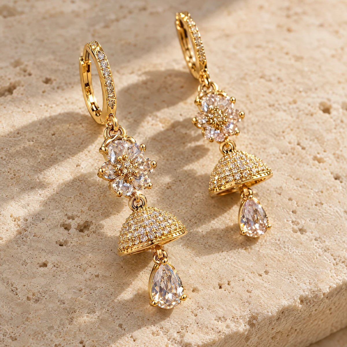 Floral Jhumka Crystal Drop Earrings by Oraki Jewels, detail close-up