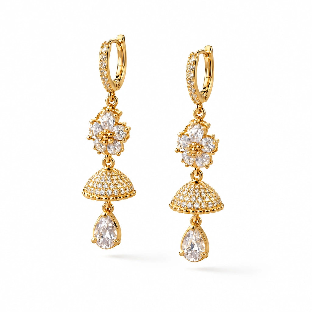 Floral Jhumka Crystal Drop Earrings by Oraki Jewels, angled view on white