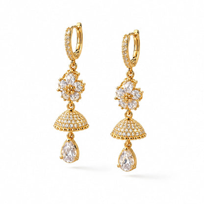 Floral Jhumka Crystal Drop Earrings by Oraki Jewels, angled view on white