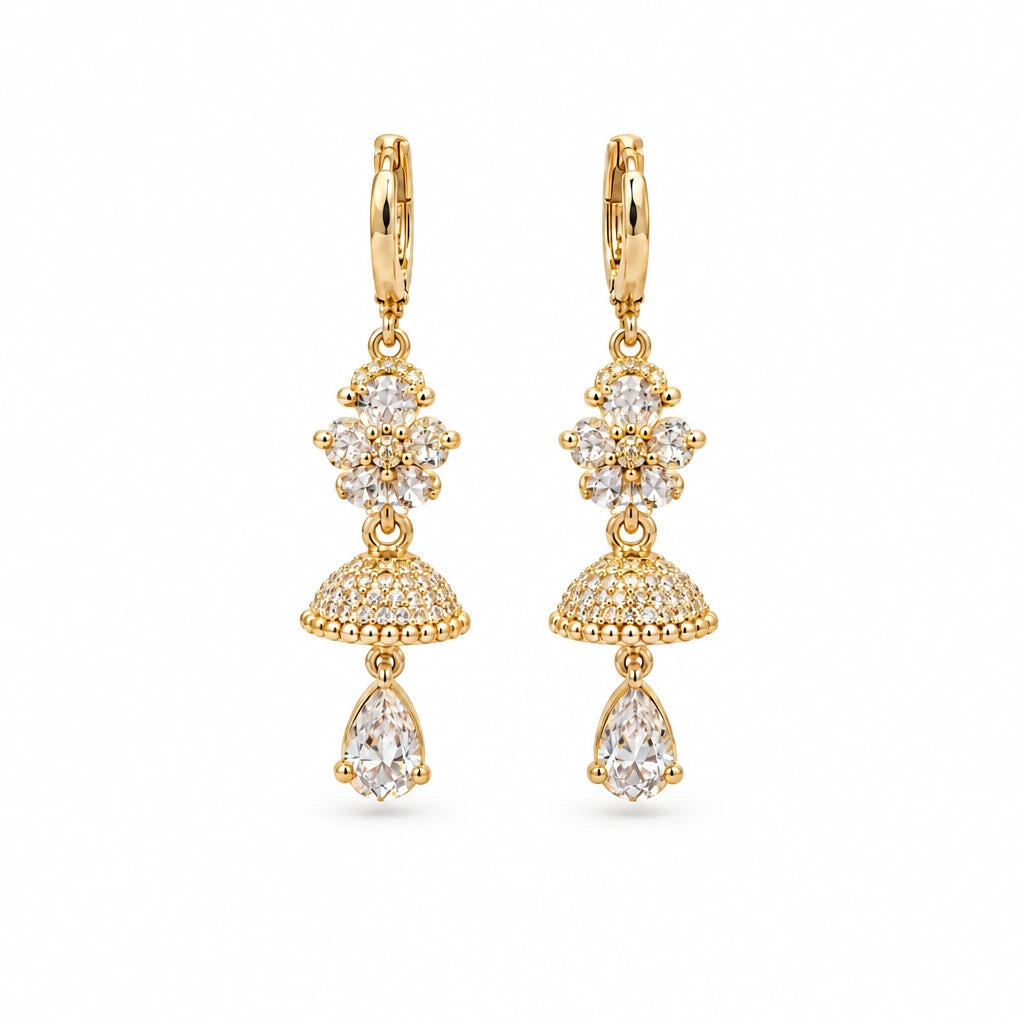 Floral Jhumka Crystal Drop Earrings by Oraki Jewels, front view on white