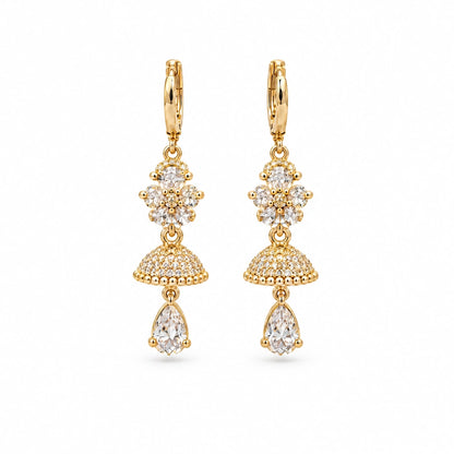 Floral Jhumka Crystal Drop Earrings by Oraki Jewels, front view on white