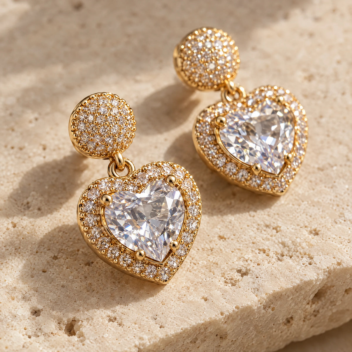 Heart Halo Crystal Drop Earrings by Oraki Jewels, detail close-up