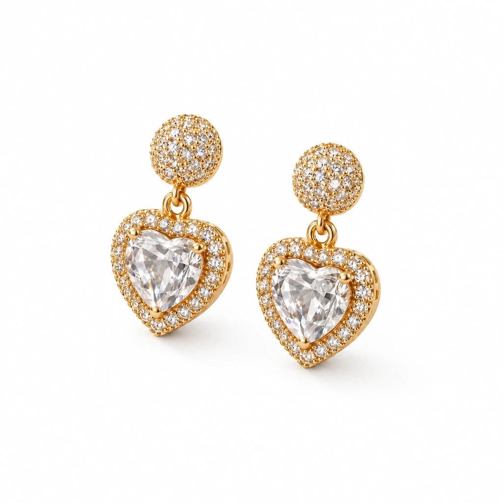 Heart Halo Crystal Drop Earrings by Oraki Jewels, angled view on white