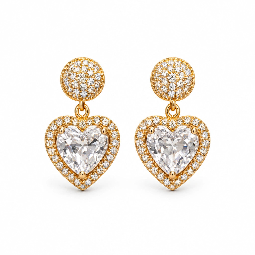 Heart Halo Crystal Drop Earrings by Oraki Jewels, front view on white