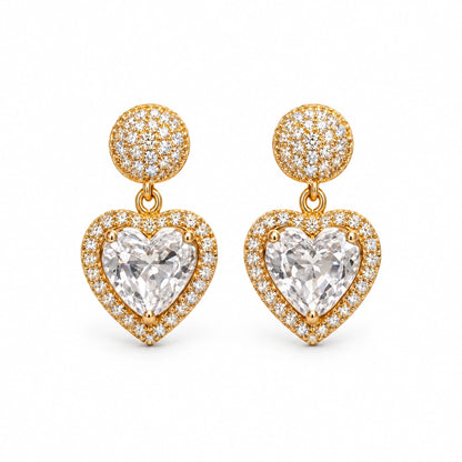 Heart Halo Crystal Drop Earrings by Oraki Jewels, front view on white