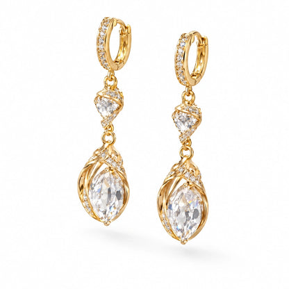 Heartelle Twist Teardrop Crystal Hoop Earrings by Oraki Jewels, angled view on white