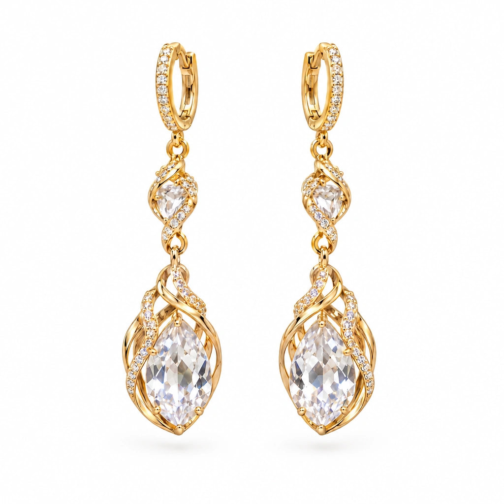 Heartelle Twist Teardrop Crystal Hoop Earrings by Oraki Jewels, front view on white
