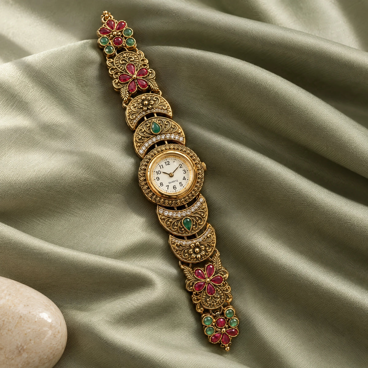 Kashmiri Heritage Filigree Bracelet Watch by Oraki Jewels, styled studio view