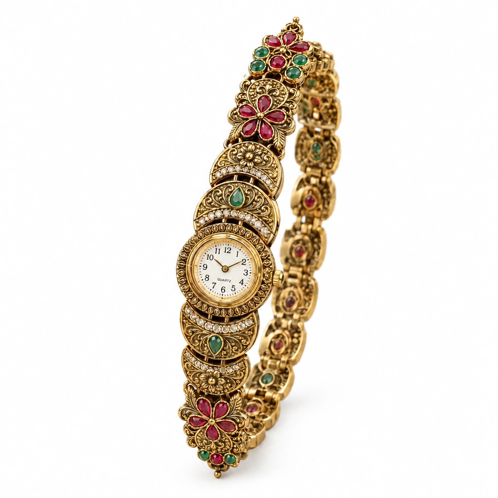 Kashmiri Heritage Filigree Bracelet Watch by Oraki Jewels, angled view on white