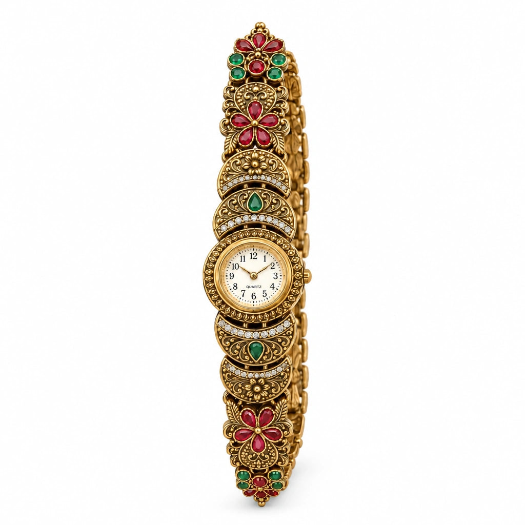Kashmiri Heritage Filigree Bracelet Watch by Oraki Jewels, front view on white