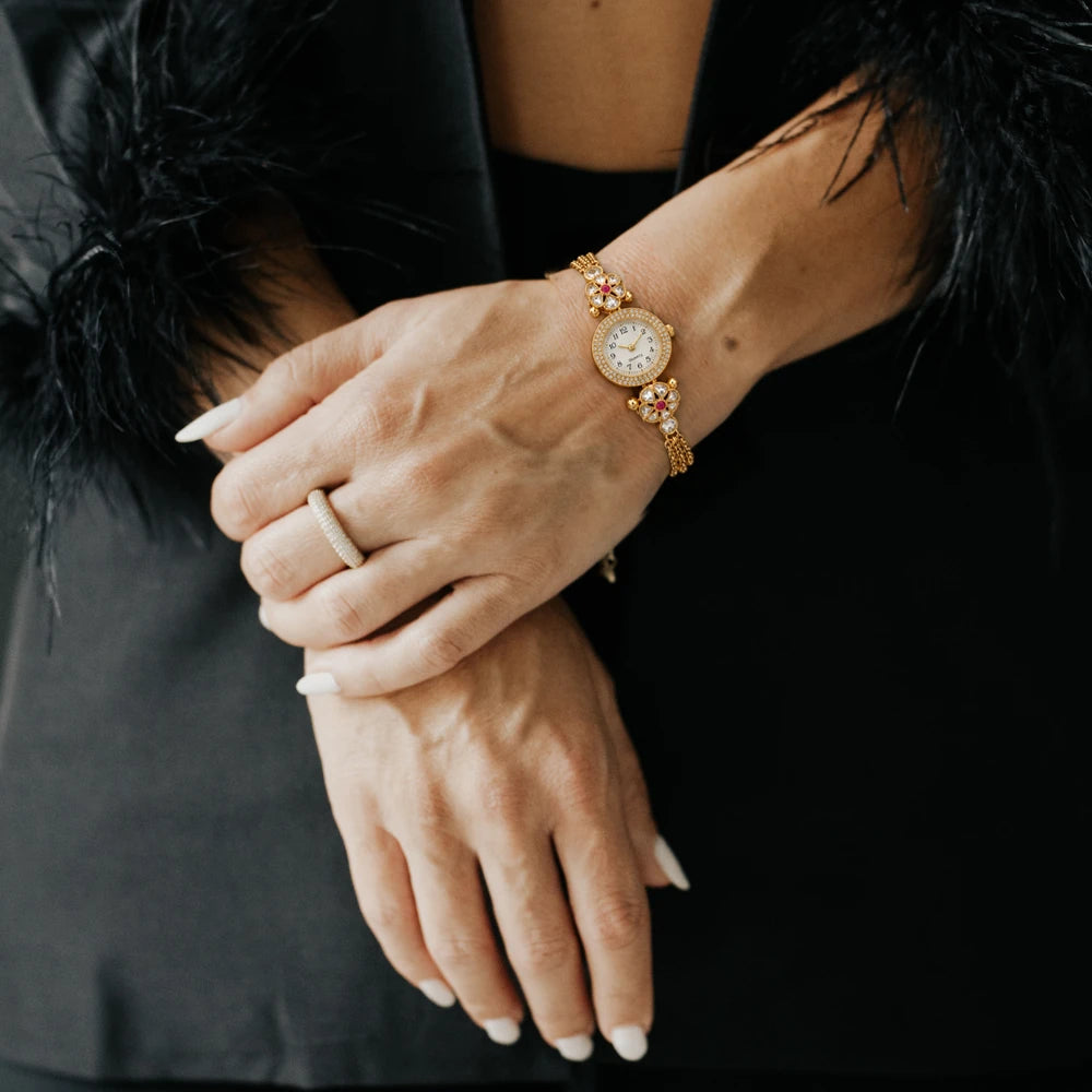 Lotus Filigree Mesh Bracelet Watch by Oraki Jewels, shown worn for styling