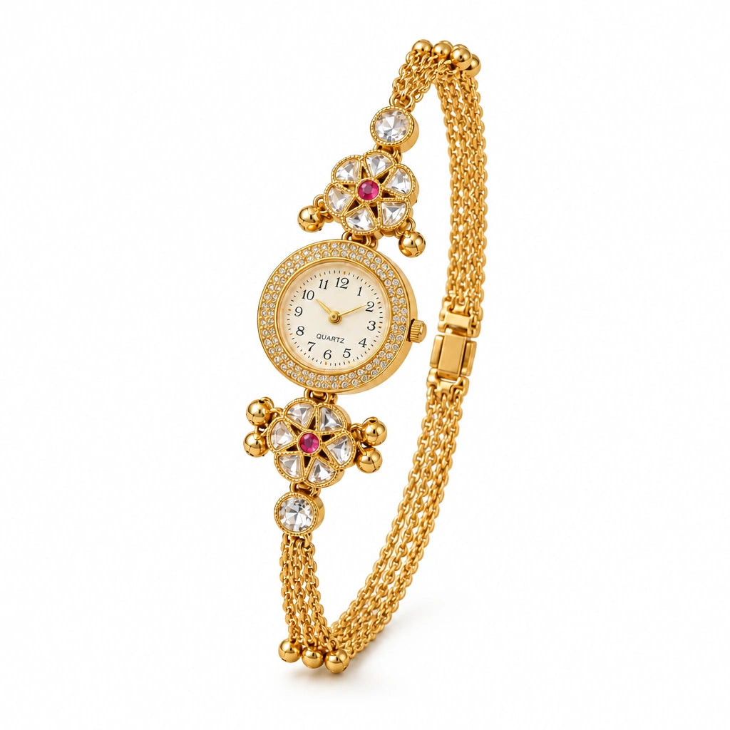 Lotus Filigree Mesh Bracelet Watch by Oraki Jewels, angled view on white