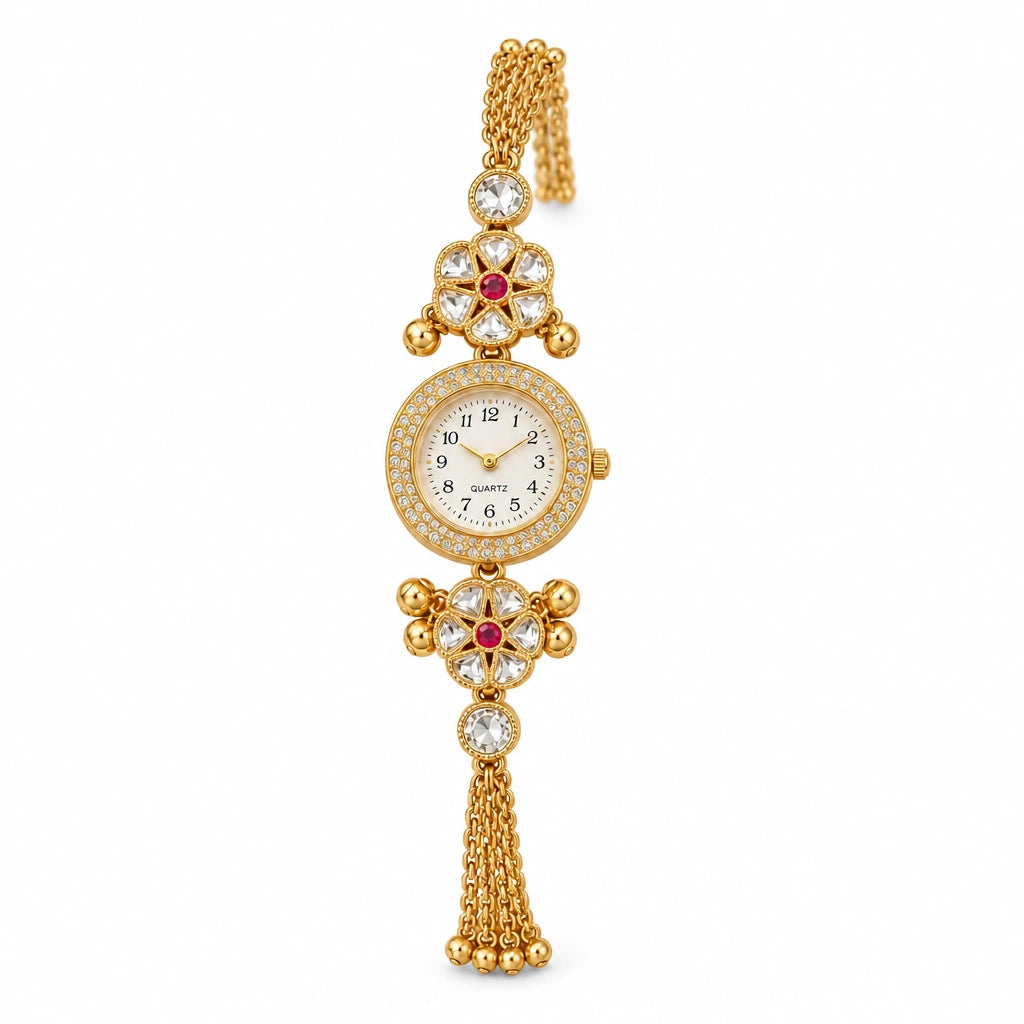 Lotus Filigree Mesh Bracelet Watch by Oraki Jewels, front view on white