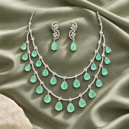 Mint Teardrop Double Strand Necklace Set by Oraki Jewels, styled studio view