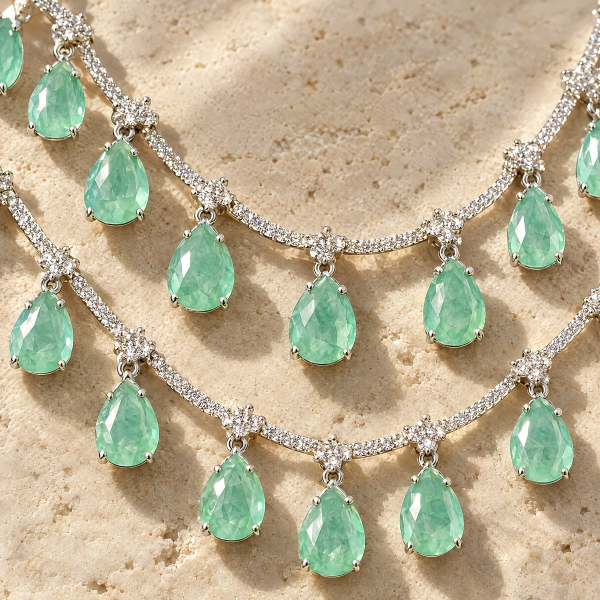 Mint Teardrop Double Strand Necklace Set by Oraki Jewels, detail close-up
