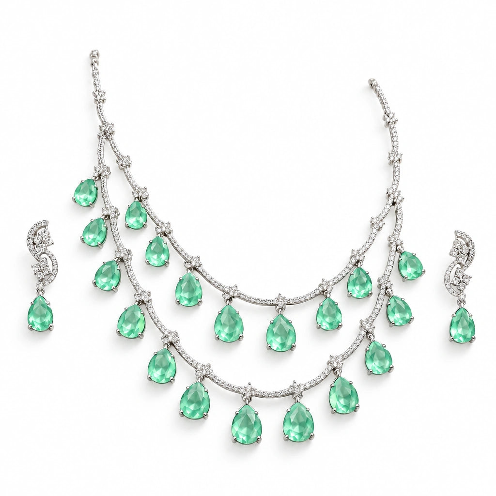 Mint Teardrop Double Strand Necklace Set by Oraki Jewels, angled view on white