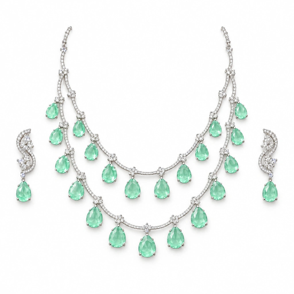 Mint Teardrop Double Strand Necklace Set by Oraki Jewels, front view on white