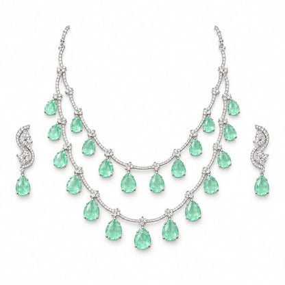 Mint Teardrop Double Strand Necklace Set by Oraki Jewels, front view on white