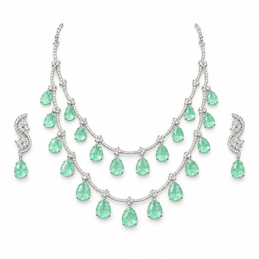 Mint Teardrop Double Strand Necklace Set by Oraki Jewels, front view on white